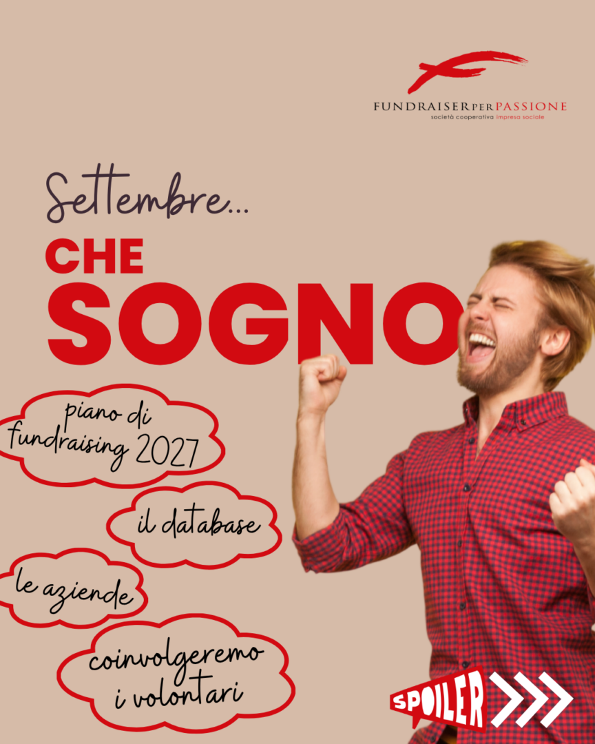 Copertina del carosello di Fundraiserperpassione dedicato alla ripartenza di settembre e alla pianificazione del fundraising. Tra gli obiettivi: piano di fundraising 2027, gestione del database, aziende e coinvolgimento dei volontari. Il carosello invita gli enti non profit a fare il punto sulle proprie priorità attraverso un check-up gratuito di 45 minuti.